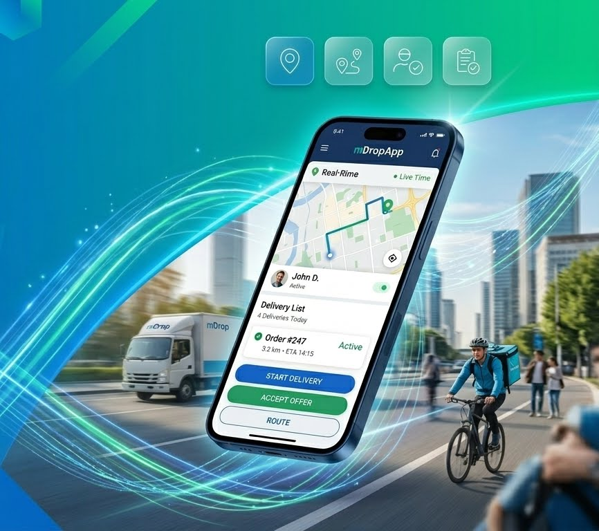 mDropApp delivery management interface displayed on a driver's mobile tablet
